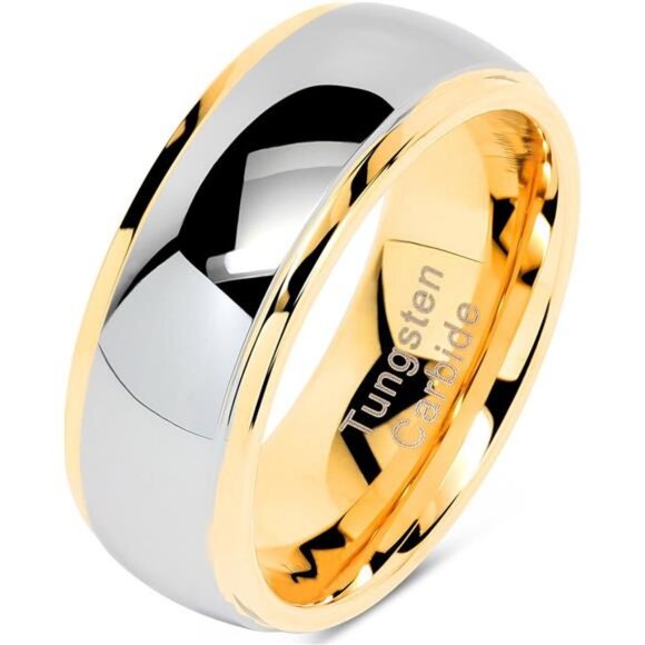 Engraved Personalized Tungsten Rings For Men Women Wedding Band Two Tone Gold - Picture 1 of 7